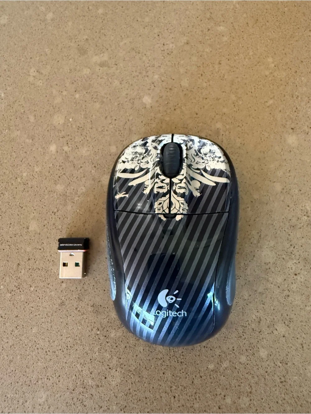 Logitech Black Wireless Optical Mouse with Cream Decorative Pattern